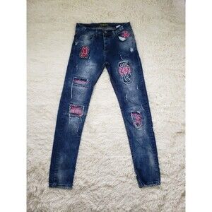 Xway Men's Jeans Straight Leg So What Size 30 Distressed Embroidered Bottons Fly